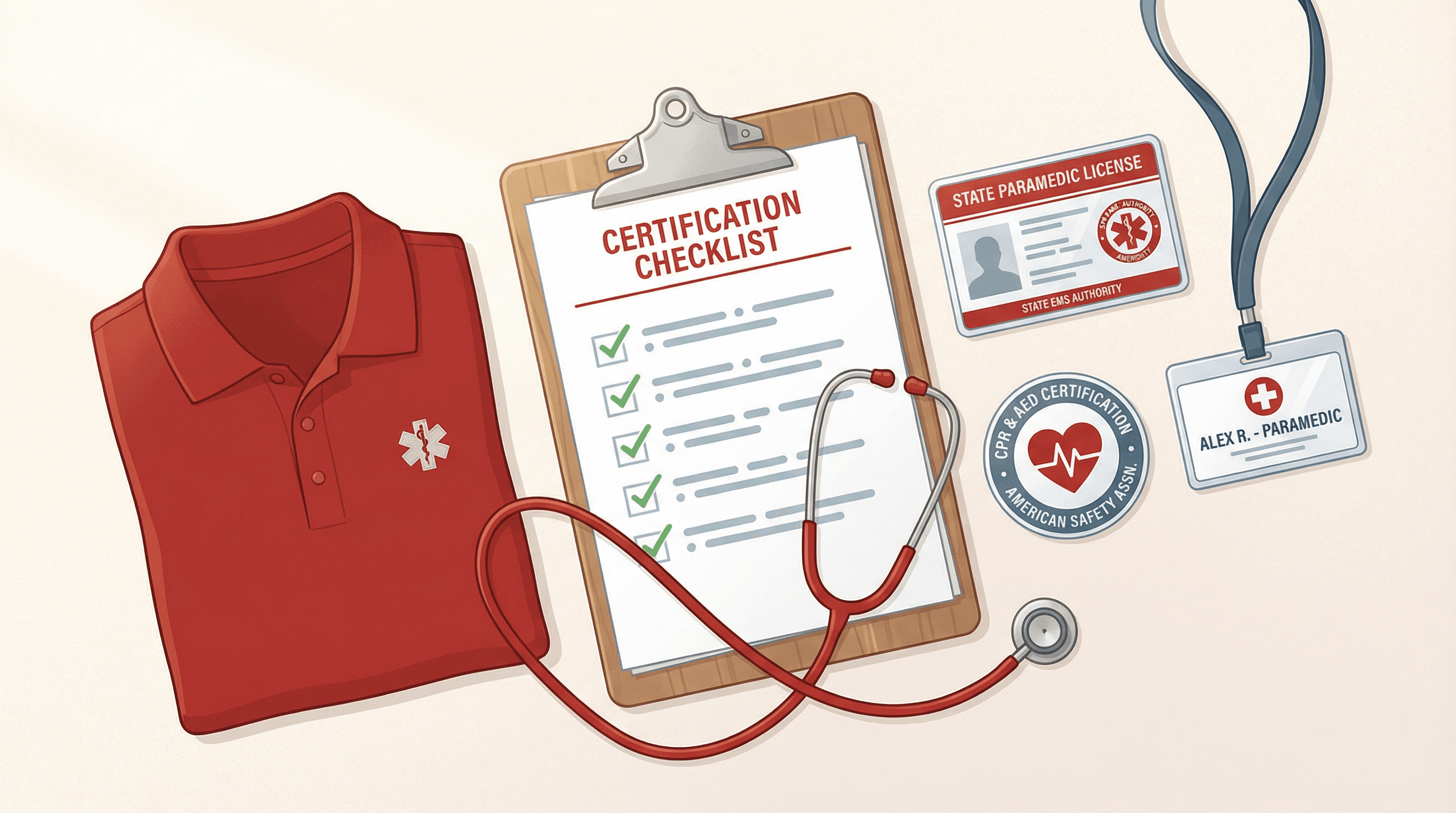 Medical credentialing materials including certifications, badges, and training documents