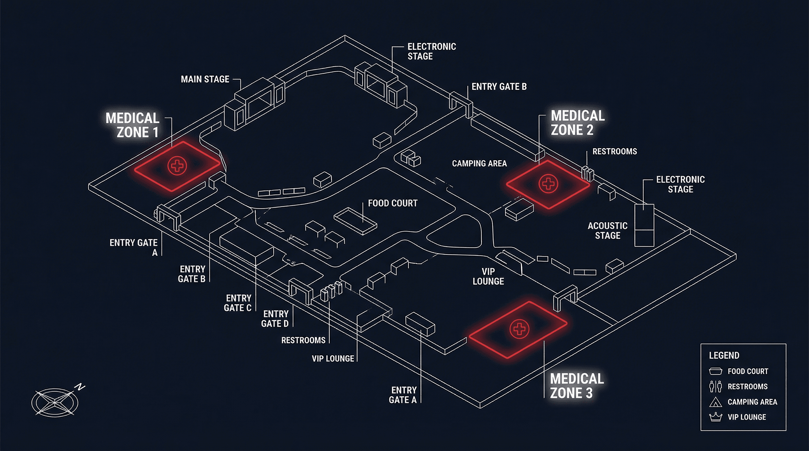 Isometric venue blueprint with highlighted medical coverage zones