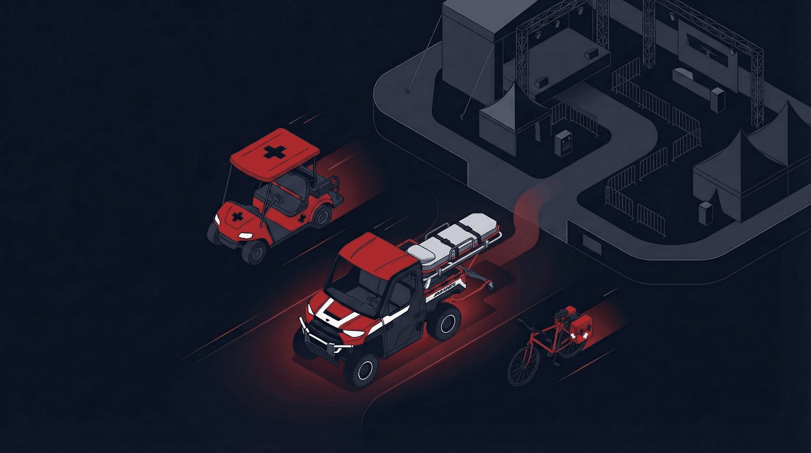 Medical golf cart, Polaris Ranger, and bike team vehicles